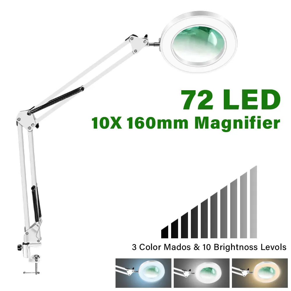 New USB Magnifying Glass with 3-Color LED 72 LEDs 8X/10X Powerful Light for Soldering Iron Repair Desk Lamp Skin Care Beauty