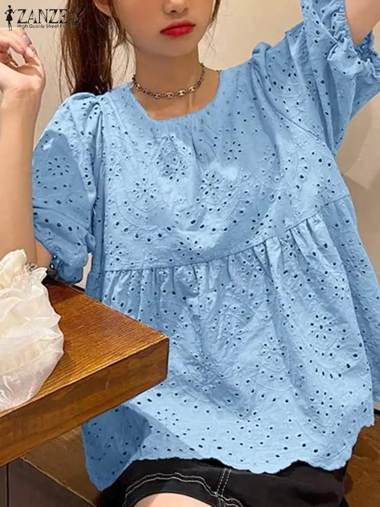 ZANZEA-blusa bordada de media manga para mujer, camisa holgada con agujeros, estilo bohemio, ideal para vacaciones y fiestas, verano, 2024