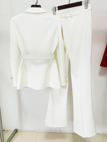 Imagen 2 del producto HIGH STREET, nueva moda 2021, conjunto de traje de pasarela de diseñador, chaqueta con cinturón de diamantes coloridos para mujer, traje con pantalones acampanados, 2 uds.