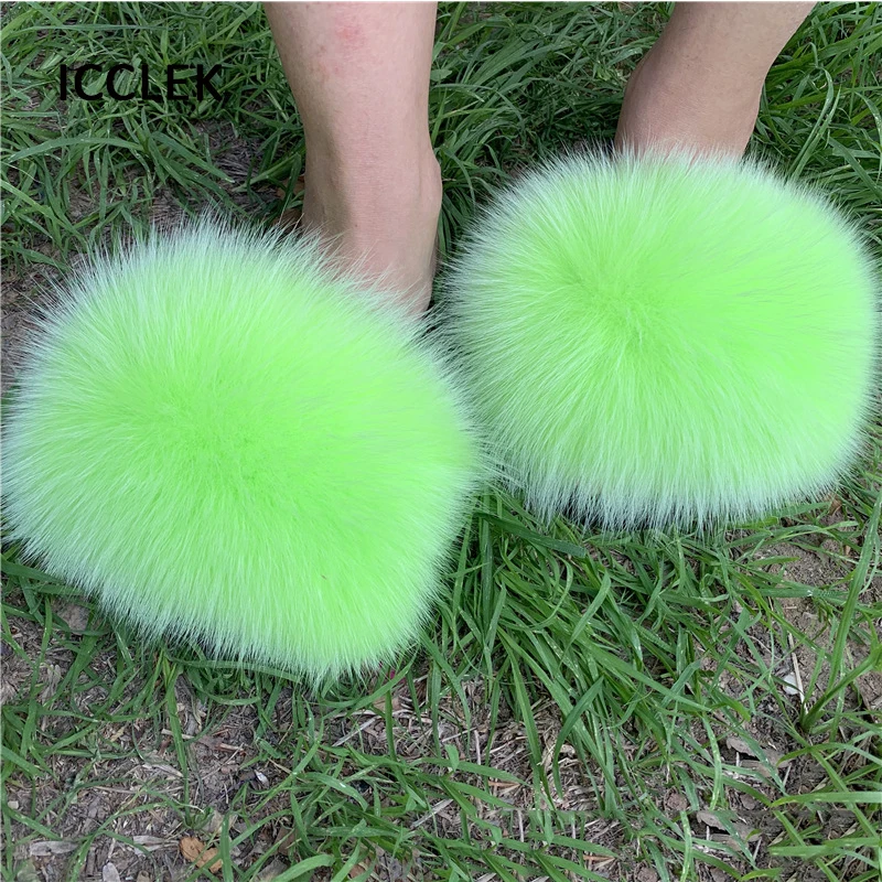 Full Fur Slippers Women Indoor Real Fox Fur Slides Fluffy Furry Flip Flops Beach Flat Sandals Plush House Slippers Summer Shoes