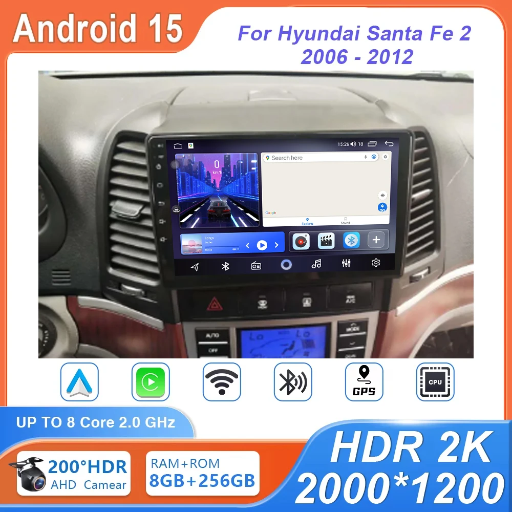 

For Hyundai Santa Fe 2 2006 - 2012 Carplay Auto 4G+WIFI GPS Car Radio Navigation Multimedia Video Player Stereo BT Android 15