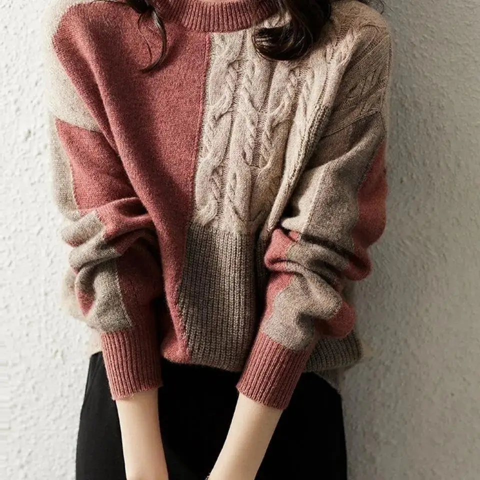 Sweaters Round Neck Patchwork Loose Solid Women\'s Clothing Autumn Winter Thin Fashionable Temperament Pullovers Knitted Casual