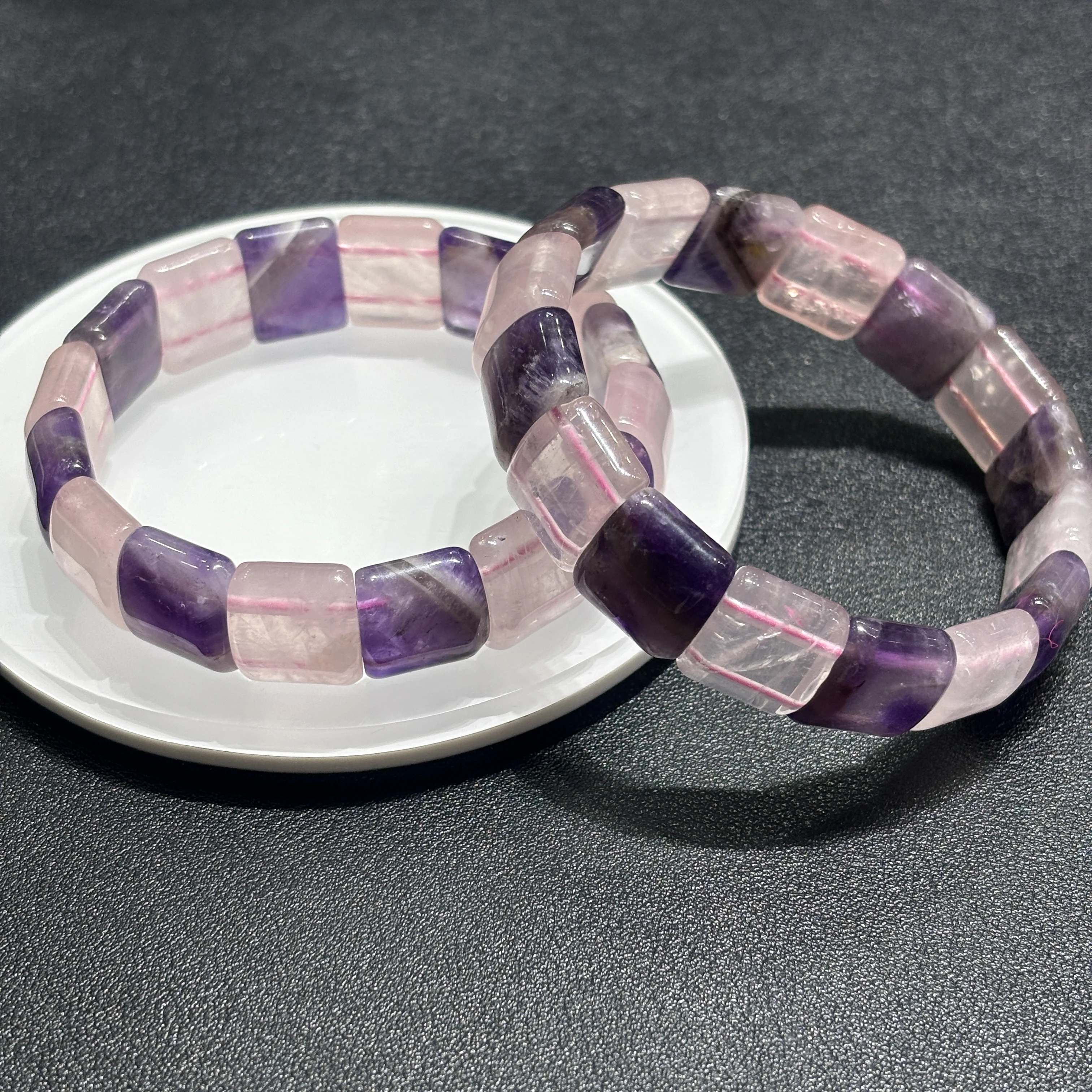 

Natural Amethyst & Rose Quartz Dual-Tone Rectangular Slab Bracelet, Alternating Purple-Pink Beads, Aesthetic Fashion Accessories