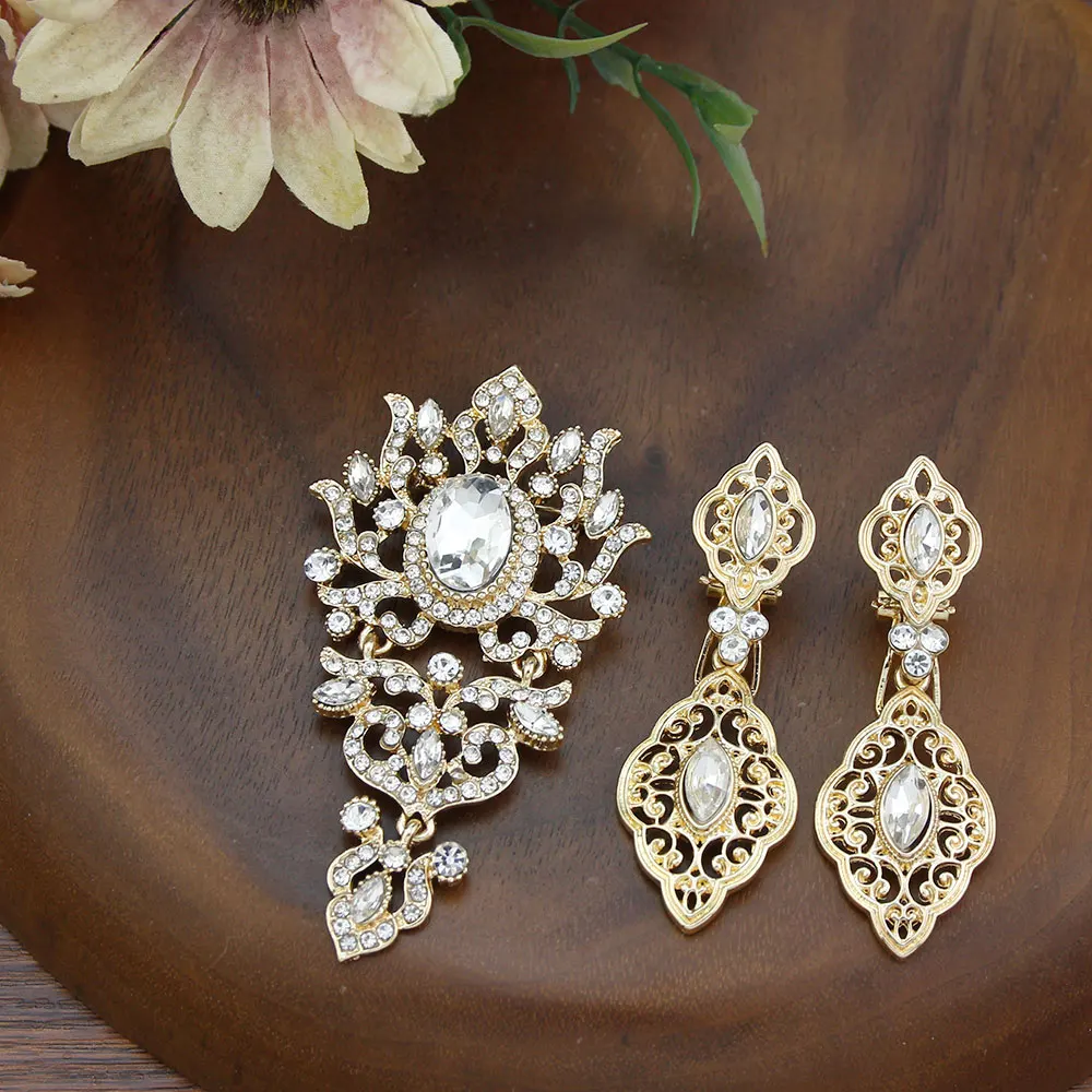 Sunspicems Fashion  Morocco Jewelry Earring Brooch Sets For Women Gold Color Arabic Caftan Brooch Bride Earring Wedding Jewelry