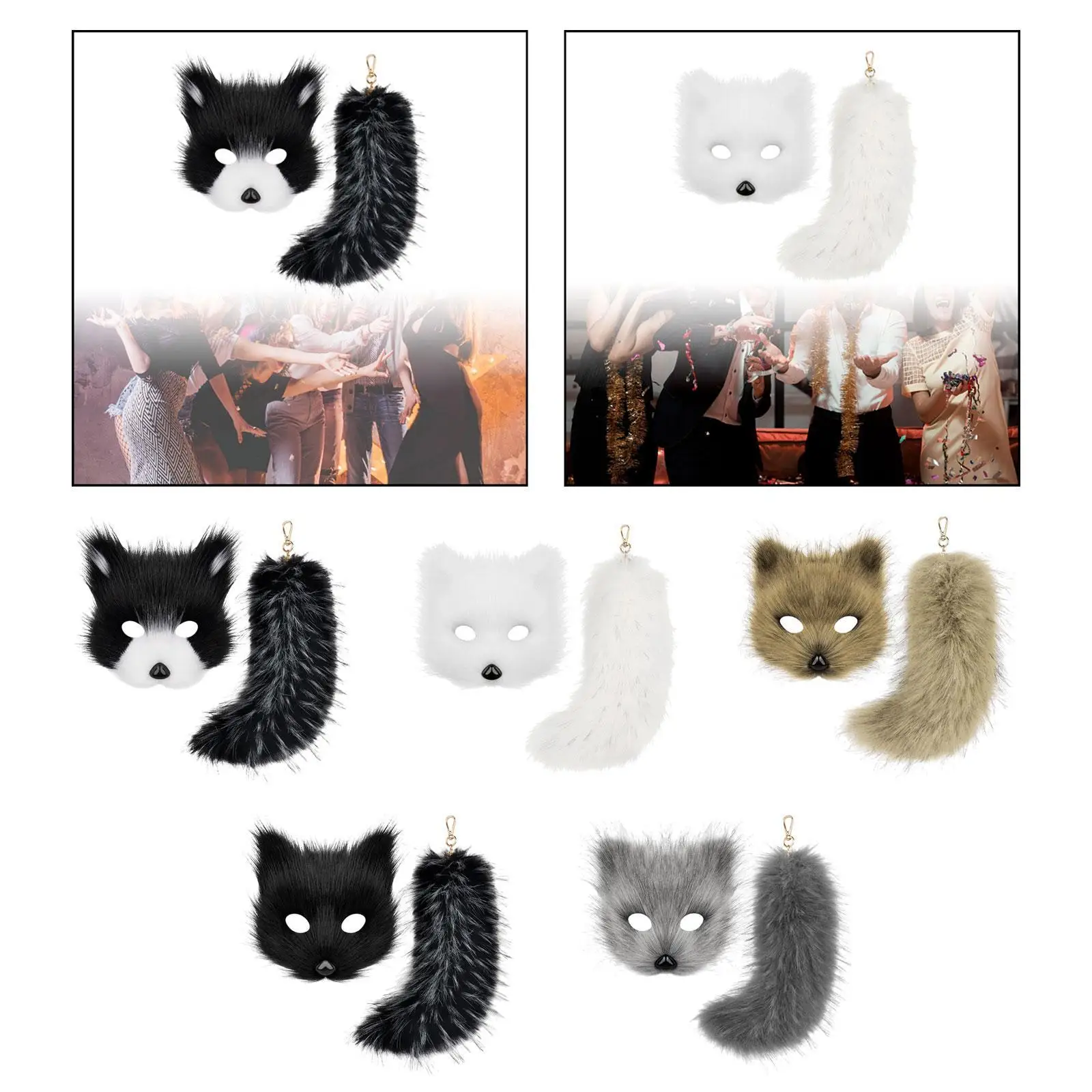 Conjunto de máscara e cauda therian, máscara de gato, dramatização, festa, chaveiro de cauda peluda para mulheres, cauda longa de 10 ", fantasia de halloween, máscara de animal