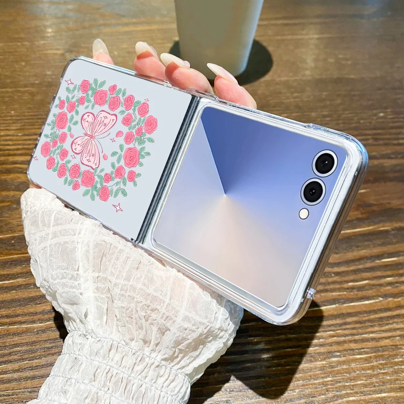 الوردي الزهور نمط قضية الهاتف لسامسونج غالاكسي Z Flip7 FE Flip5 Flip6 واضح للطي غطاء الكمبيوتر لسامسونج Z Flip 7 6 5 4 3 5G