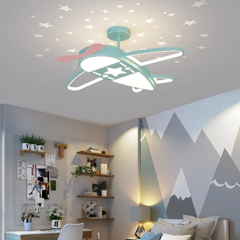 Airplane Chandelier for Children Starry Night Pendant Lamp Blue Aircraft Girls Boys Bedroom Study Ceiling Lamp Люстра Потолочная