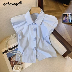 Women's Korean Fashion 3D Flower Buttons Design Shirt Summer Lapel Sweet Chic Short Sleeve Blouse Female Casual Solid Slim Tops