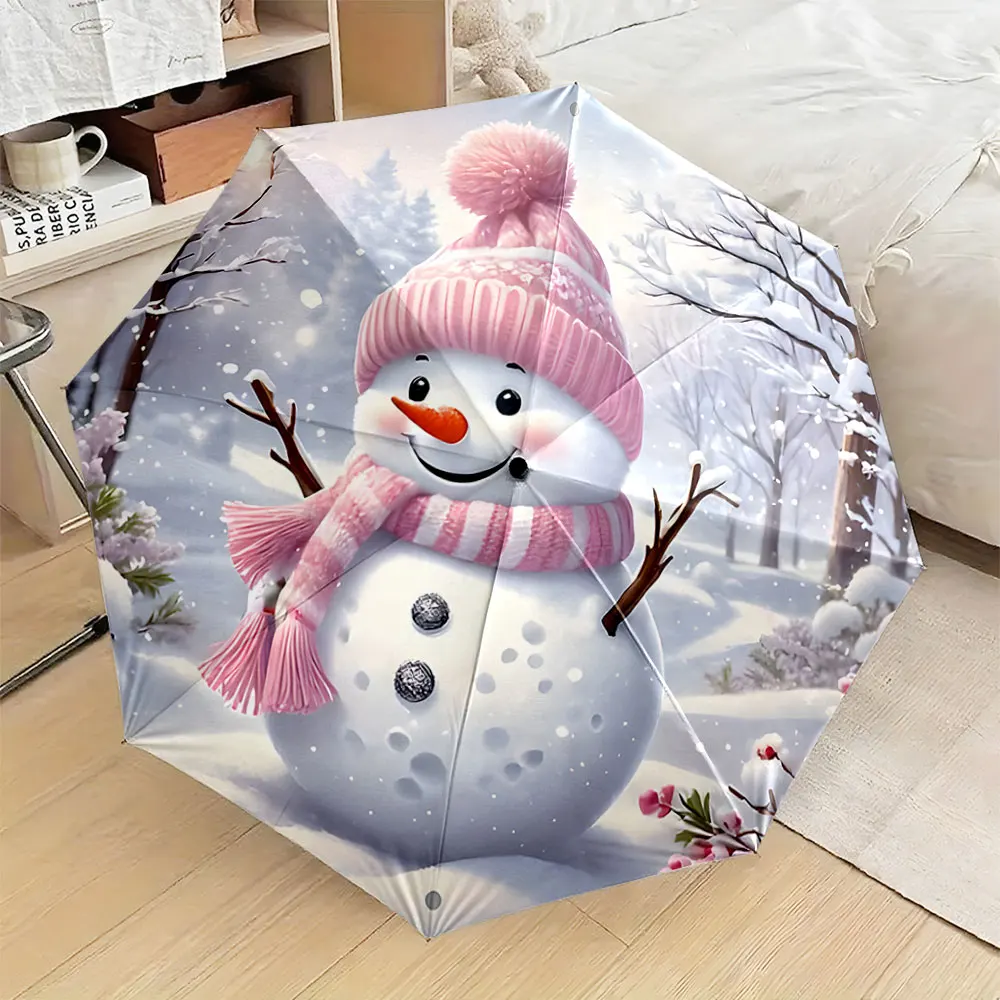 1PC Snowman Umbrella: Cheerful Winter Design Print 8 Iron Ribs Folding Umbrella Auto-Open Fashion Sunshade