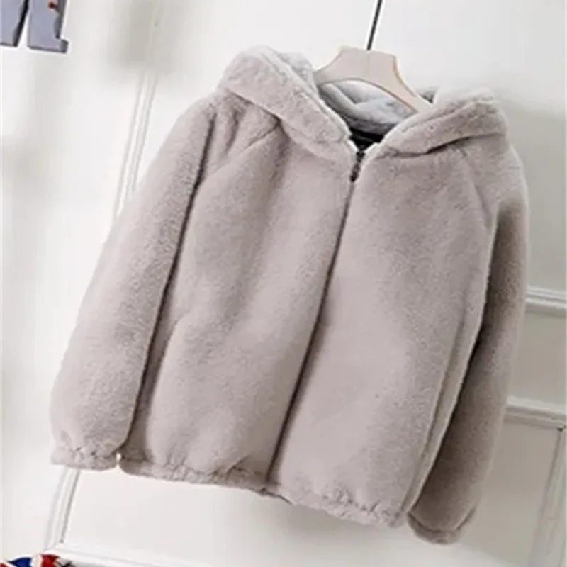 Retro feminino mangas compridas curto jaqueta de pelúcia 2025 femme cor sólida solta pele outwear inverno senhoras moda com capuz casaco de pele do falso