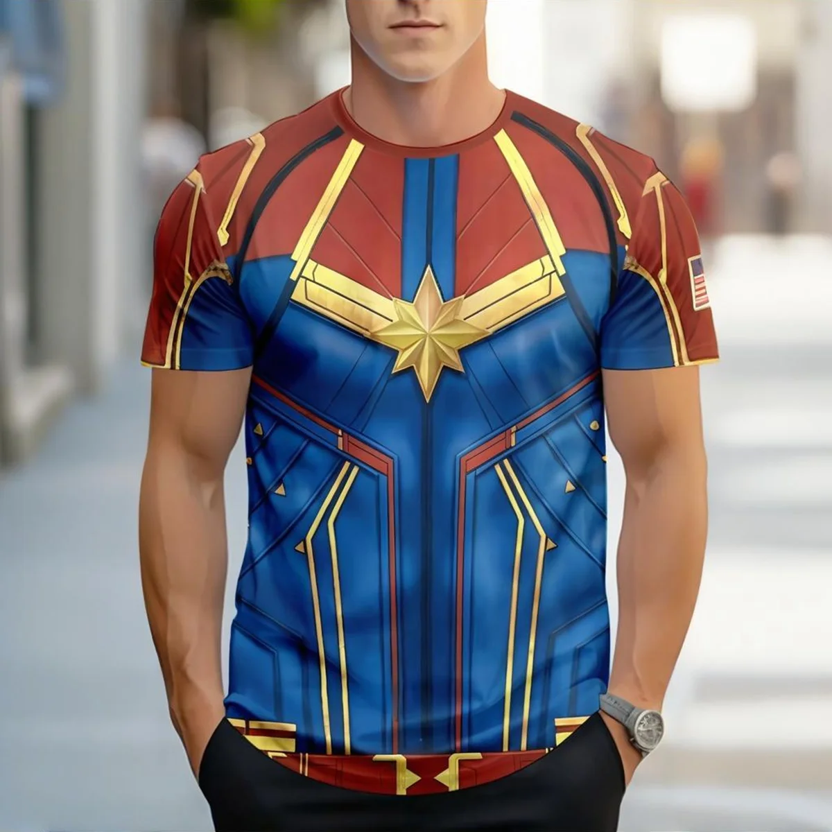 

Super Hero printed men's short sleeved movie themed design awakens viewing memories round neck comfortable breathable top
