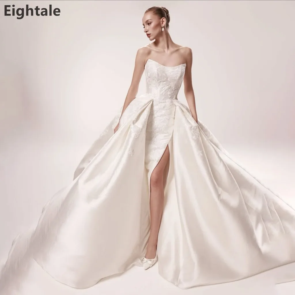 Eightale 2026 Ivory Ball Gown Bridal Gown Strapless Embroidered Bodice Satin Wedding Dress with High Slit Customized
