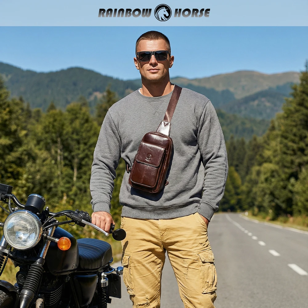 Rainbow horse2026 new men's leather chest bag, casual multifunctional storage bag, small backpack, universal shoulder bag, casua