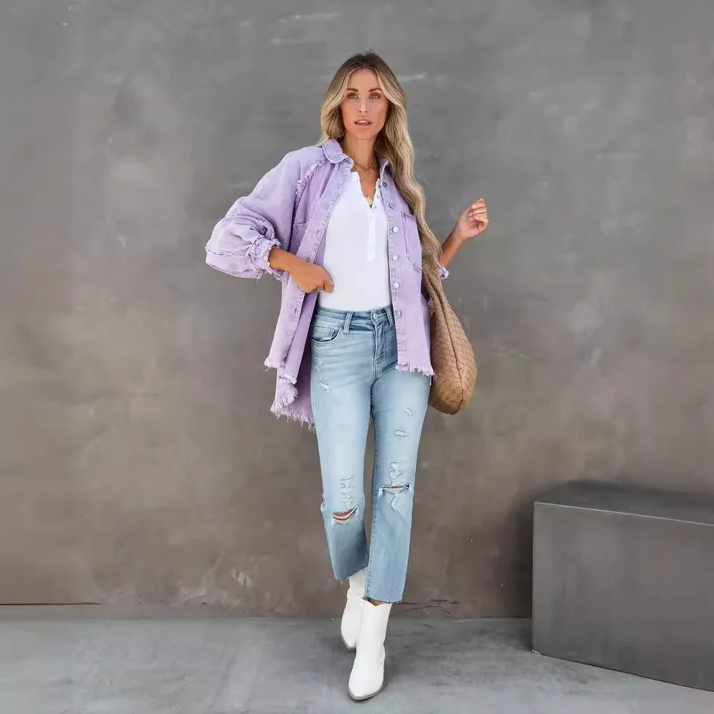 Women's Clothing, Summer New European and American Casual Old Fringed Loose Denim Jacket, Red Jeans Coat, Y2K Top