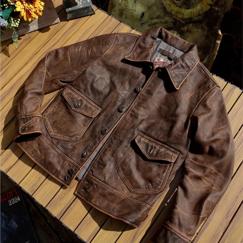 

тяжелое стираное и цветное короткое пальто из телячьей кожи с чайным сердечником