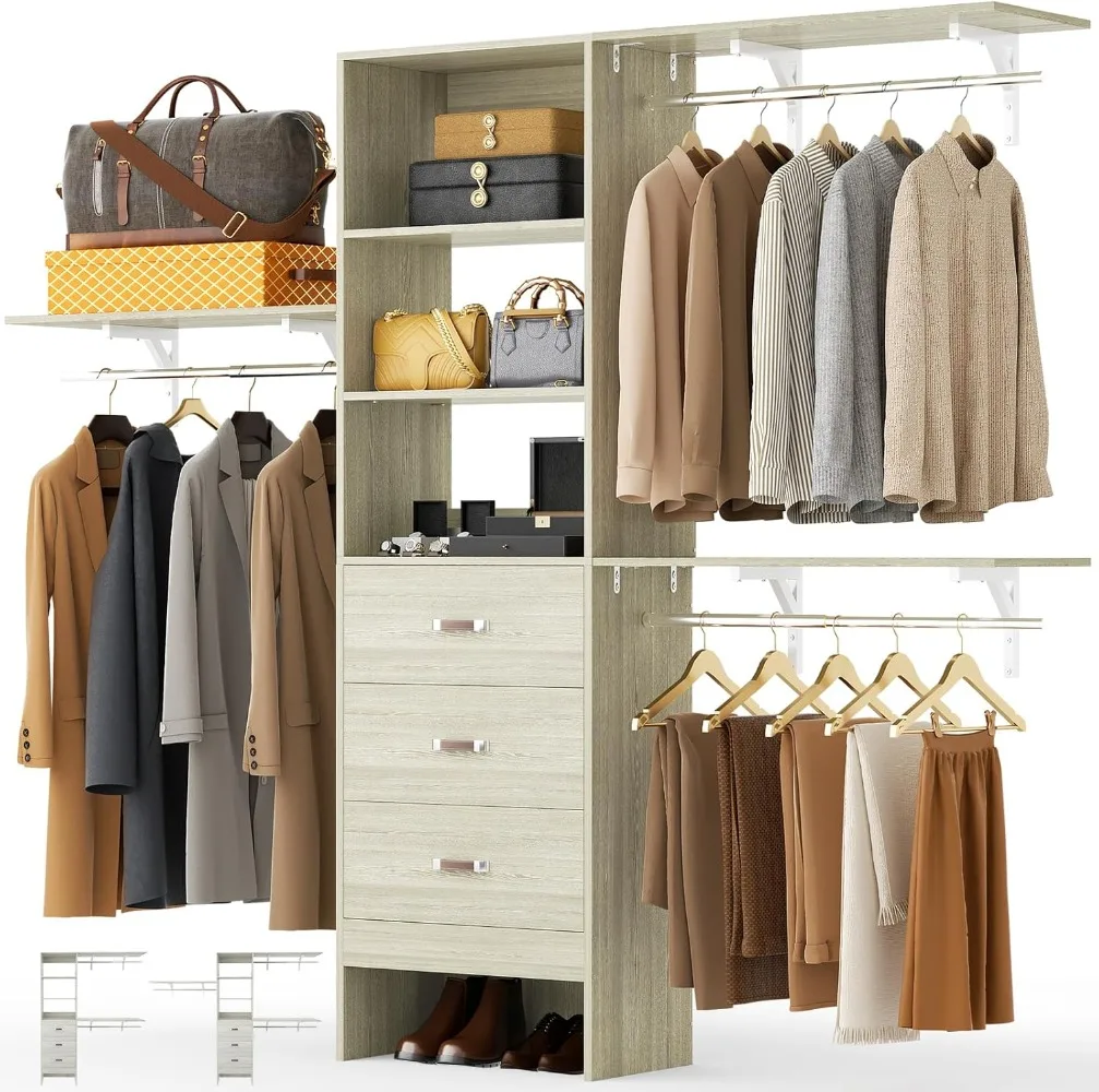 

Closet System, 8FT Closet Organizer System with 3 Wooden Drawers, 96'' Walk-in Closet with 3 Hanging Rods & 3 Shelf Tower