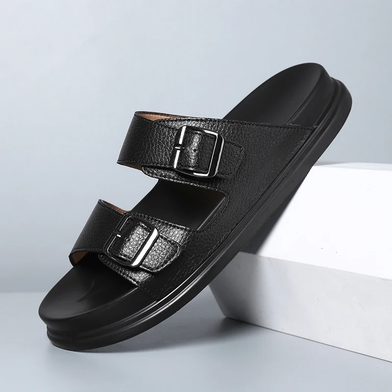 Men's microfiber leather slippers for external wear, anti slip and cool slippers, men's double button flat drag beach shoes