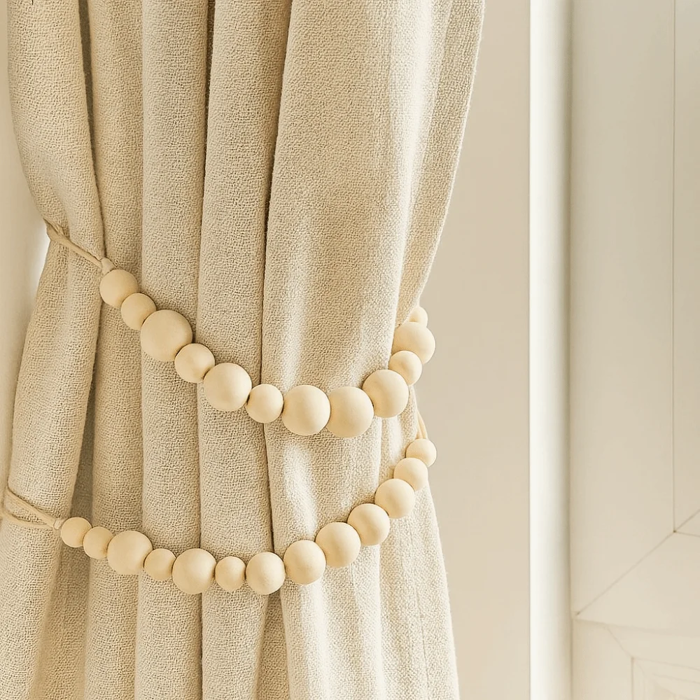 

2Pcs Farmhouse Style Wood Beads Curtain Tie Minimalist Handmade Bead Curtain Buckles Decorative Easy To Install