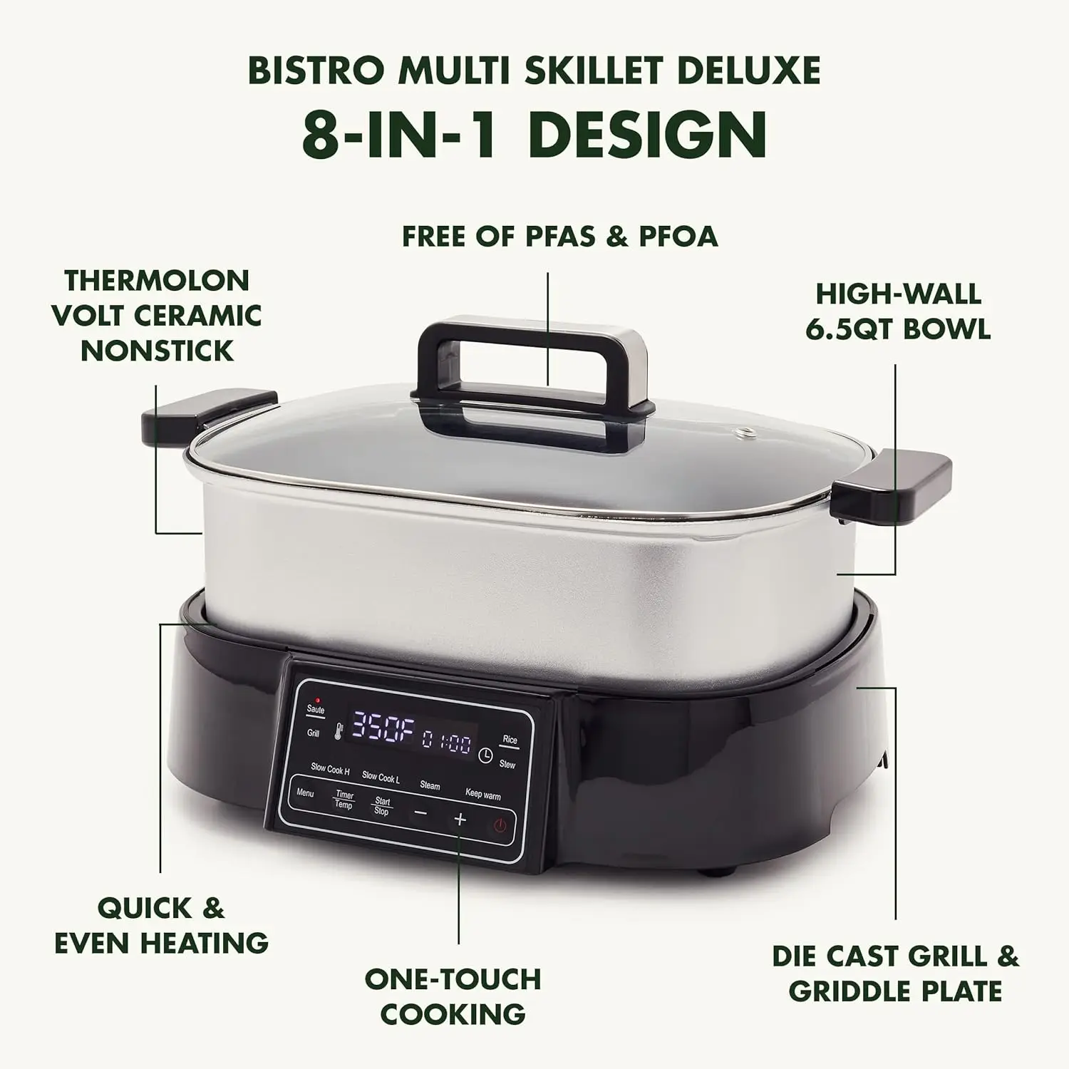 GreenPan-sartén de acero inoxidable 8 en 1, parrilla y olla de cocción lenta, preajustes para saltear al vapor, freír y cocinar arroz, cerámica saludable