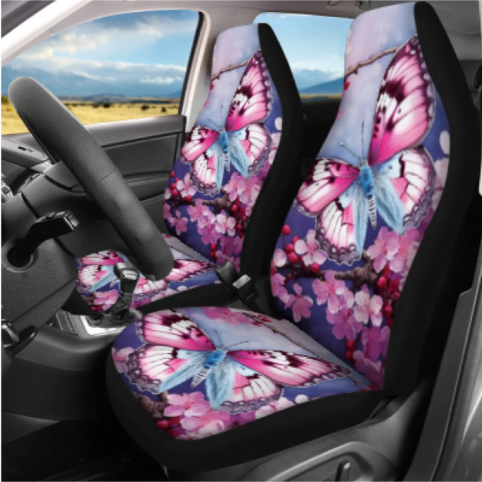Coloranimal Cherry Blossom 14 Packs Auto Seat Cover Set with Breathable Auto Cup Coaster and Key Fob for Auto Interior
