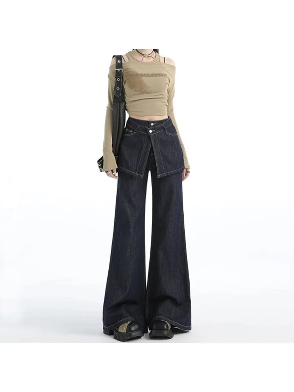 High Waist Wide Leg Bell Bottom Jeans plus Size Women's Autumn Winter New Style Slimming Design Denim Skirt Pants