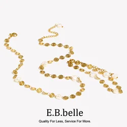 E.B.belle Elegant Girl's Cute Lovey Freshwater Pearl Flower Sequins Chain Choker Necklace Gold Plated Stainless Steel Jewelry