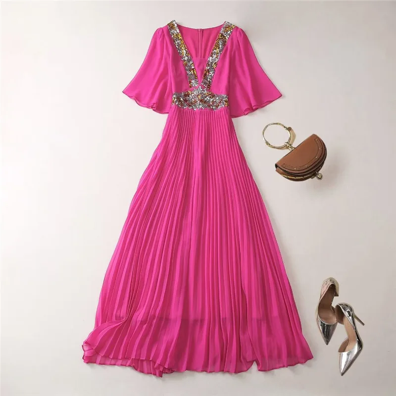 TWOTWINSTYLE Solid Sheer Spliced ชุดเลื่อมสําหรับผู้หญิงสแควร์คอครึ่งแขน Patchwork พับ Elegant Dress หญิงเสื้อผ้า