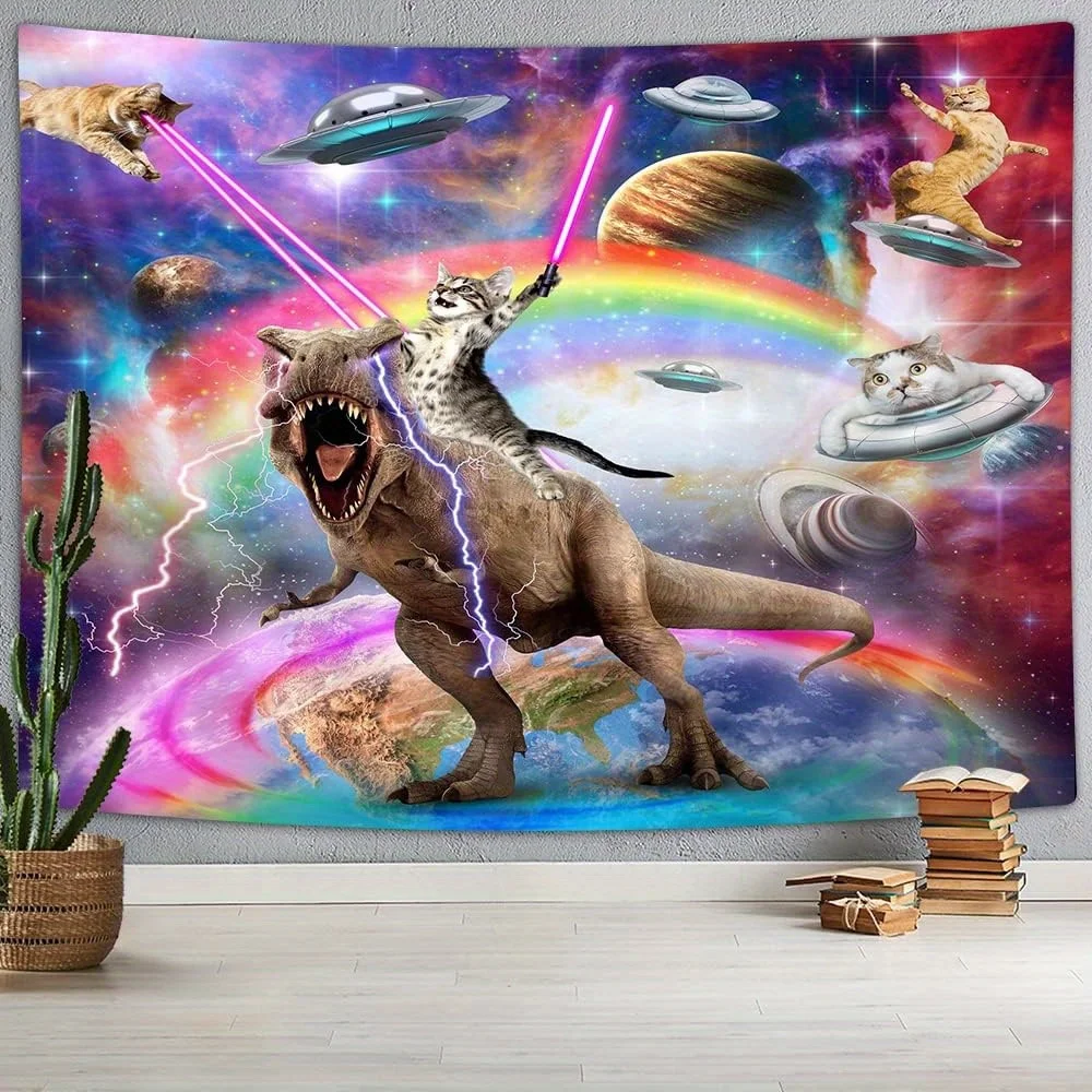 Tapiz divertido de gato montando un dinosaurio, decoración de pared estilo anime con fondo de galaxia del espacio exterior para dormitorio y sala de estar, unisex