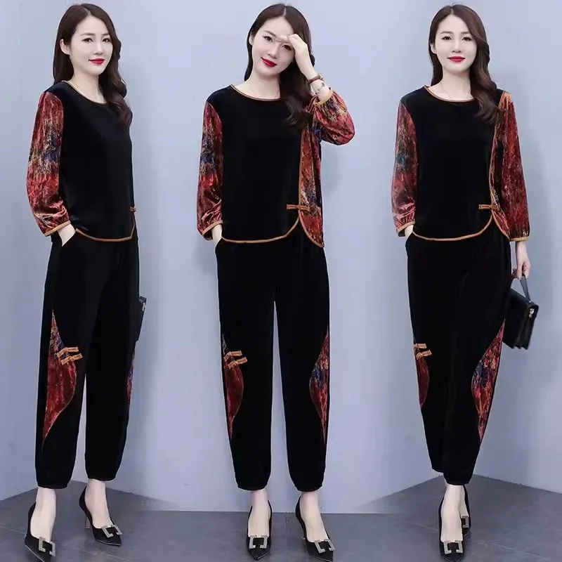 Mom's Loose Casual Set 2024 New Grandma Spring Autumn Middle aged and Elderly Women's Fashion Western Gold Velvet Two piece Set