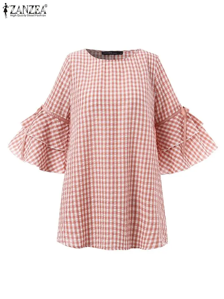 ZANZEA Stylish Summer Women O Neck Half Sleeve Shirt Casual Ruffles Hem Tops Elegant Holiday Blusas Mujer Plaid Checked Blouse