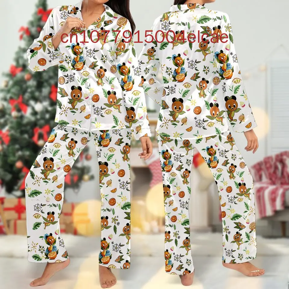 Pijama de pássaro laranja floral disney floral laranja pássaro pijamas disney casual masculino e feminino camisa de manga longa conjunto de pijama