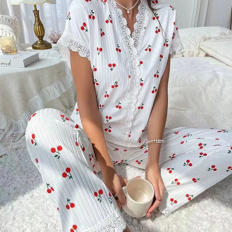 New 2 Piece Set Lace Shirts Short Sleeve V-Neck Top Summer Nightclothes Cherry Print Women Elegant Pajamas Long Pants Sleepwear