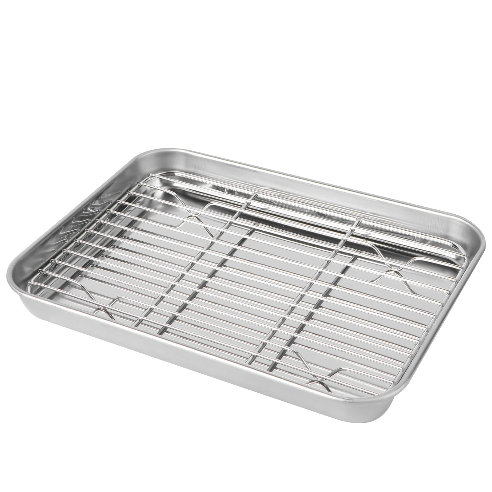 

2 Pieces One Set Rectangular Baking Tray Draining Oil with Grid Rack Stainless Steel Baking Pan Sheet with Removable Cooling