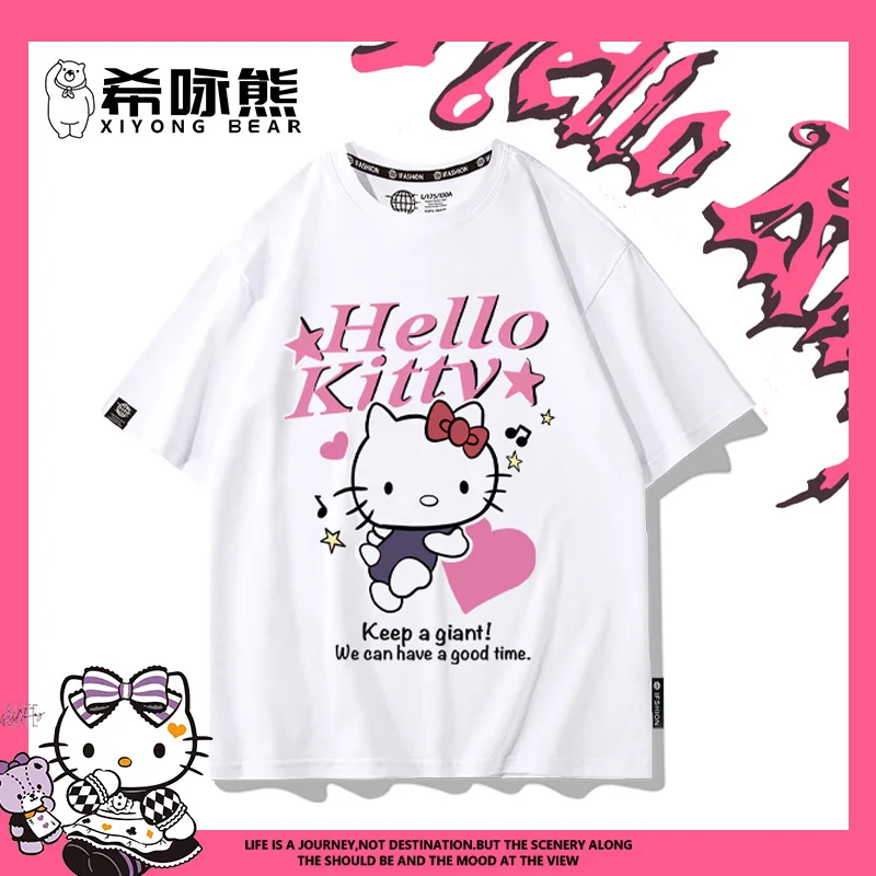 Hello cat unicorn joint cotton short-sleeved T-shirt checkerboard children's clothing for women cute children's clothing trend