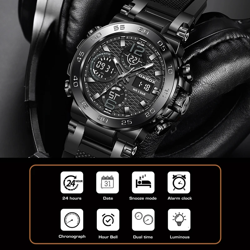 FOXBOX ساعات رجال الأعمال الفاخرة غواص الرياضة ساعة رجالي موضة عسكرية مقاوم للماء كرونوغراف كوارتز ساعة اليد Reloj Hombre