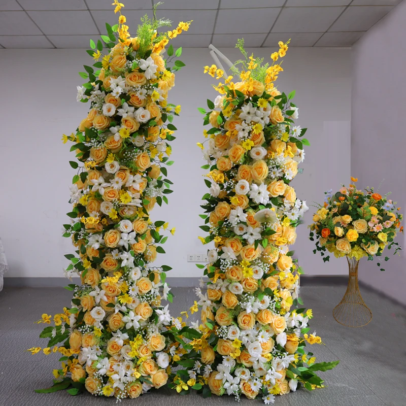 

Yellow Rose Green Leaves Wedding Floral Arrangement Decor Horn Arch Backdrop Floor Flower Row Event Banquet Stage Props Party