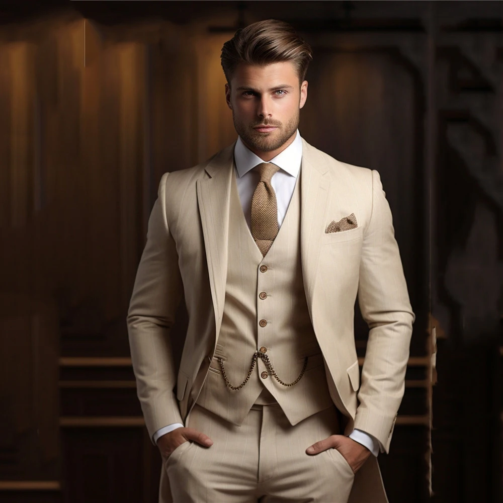 Fashion Beige Suits Men Formal Party Business Blazer Shawl Lapel Wedding Groom Tuxedo 3 Piece Jacket Vest Pants Costume Homme