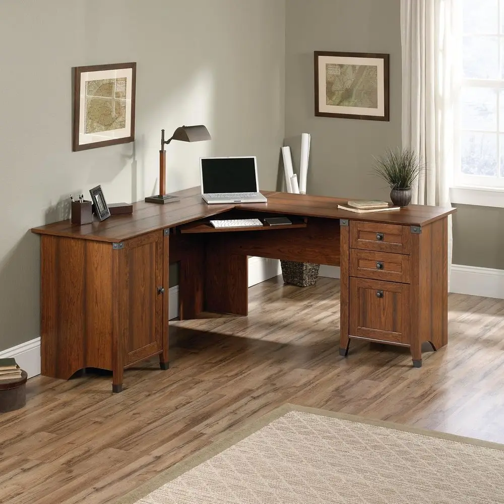 orge Computer Desk, Rustic Vintage L-Shaped Desk, in Washington Cherry