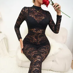 Sexy Shapewear Romper For Women Sheer Lace Mesh Long Sleeves Bodysuit Fashion Jumpsuit Nightclub Slim Lingerie Bodyshaper Onesie