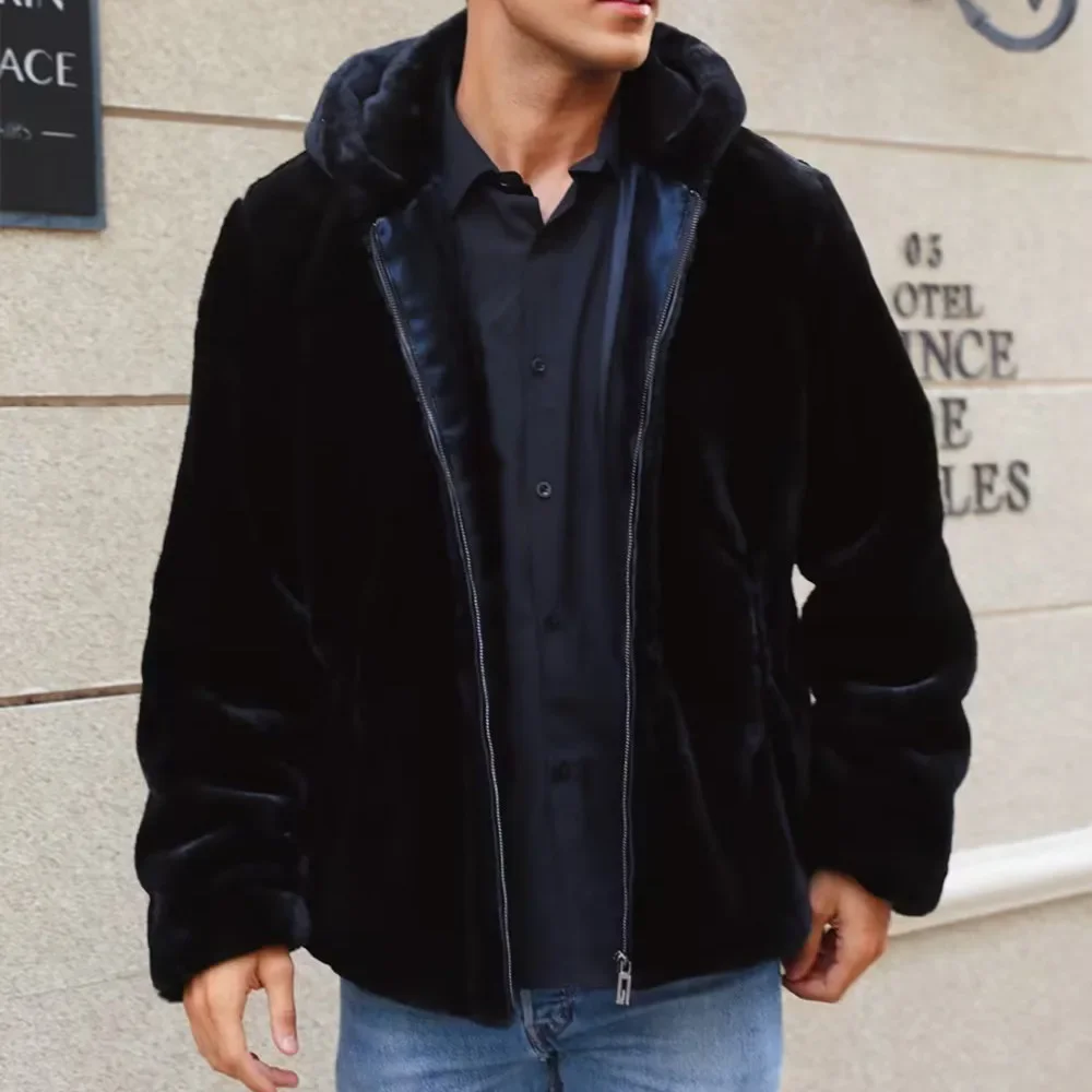 

Men Hooded Faux Fur Jacket Coat Winter Thick Fluffy Long Sleeve Warm Shaggy Outerwear Luxury Fur Jacket Bontjas Jackets Mens