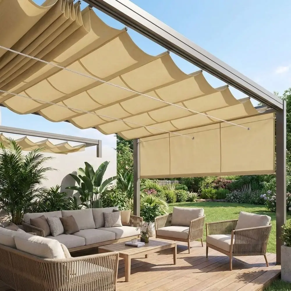 Waterproof Wave Retractable Sun Shade Canopy Heavy Duty Telescopic Garden Sunshade Net Thick Polyester Rainproof Shade Cover