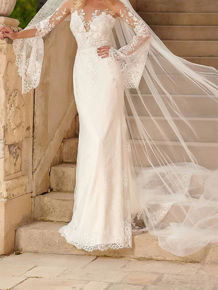 Vestidos de novia elegantes de sirena de manga larga de encaje con forma de corazón vestidos de novia personalizados