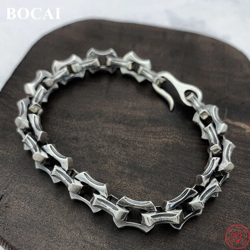 BOCAI S925 Sterling Silver Charms Bracelets for Men New Fashion Gear Shaped 9mm Retro Old O-chain Punk Jewelry Free Shipping