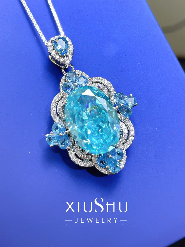 Desire Seiko Luxury Inlaid Sea Blue Treasure Egg shaped Pendant  with Imported High Carbon Diamonds, Grand and Retro Style