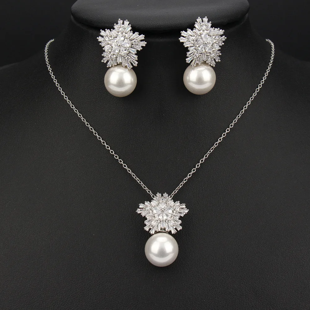 

Snowflake Necklace Earrings Jewelry Sets for Women Dinner Party Wedding Jewelry White Zircon Pearl Stud Earrings Gift