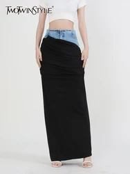 Twotwinstyle Slim Hit Kleur Rokken Voor Vrouwen Hihg Taille Patchwork Rits Casual A Line Spliced Denim Rok Vrouwelijke Mode Nieuwe