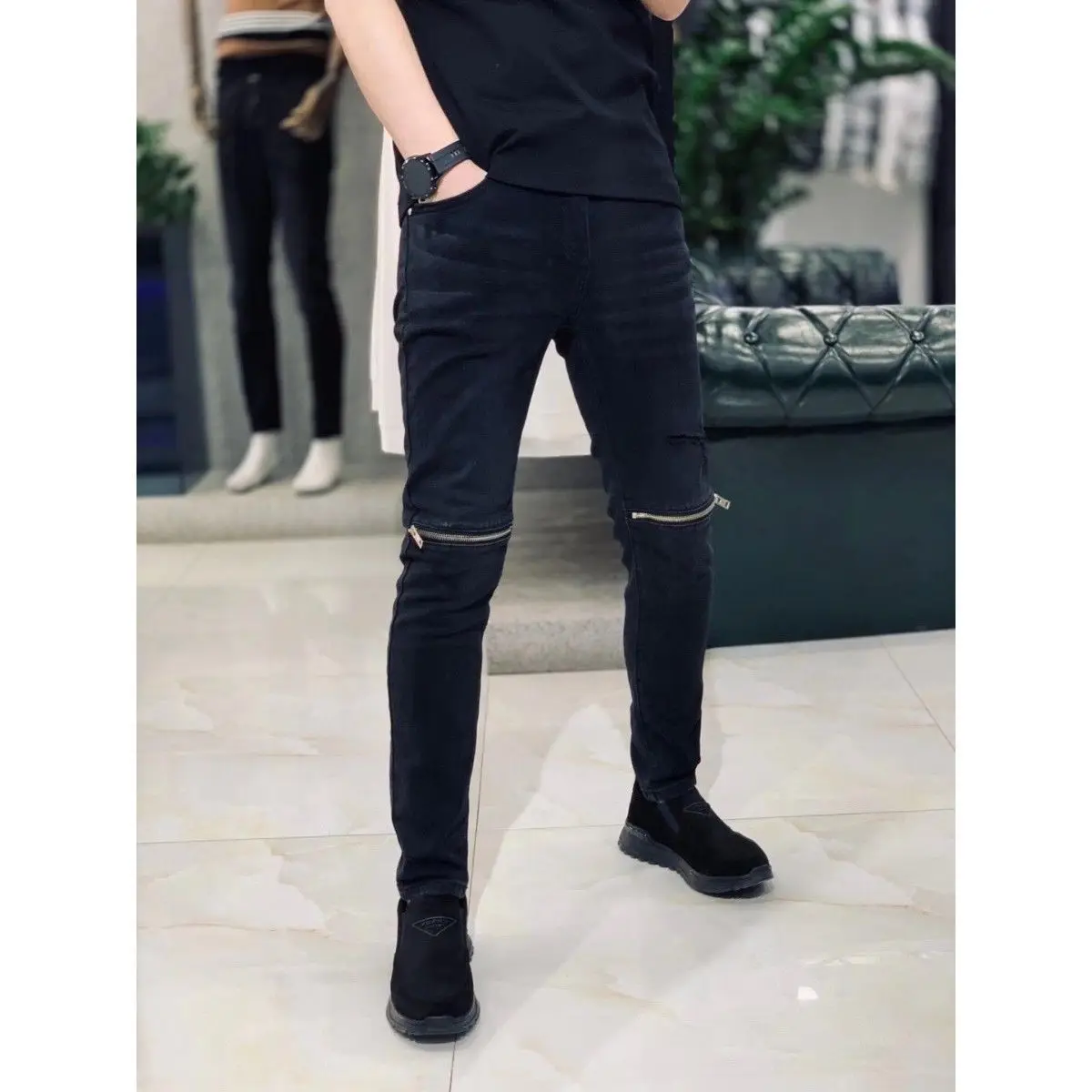 New Arrival Trendy Stylish Black Denim Slim Jeans kpop Men\'s Casual Spring Autumn Zipper Distressed Designer Luxury Pants Male