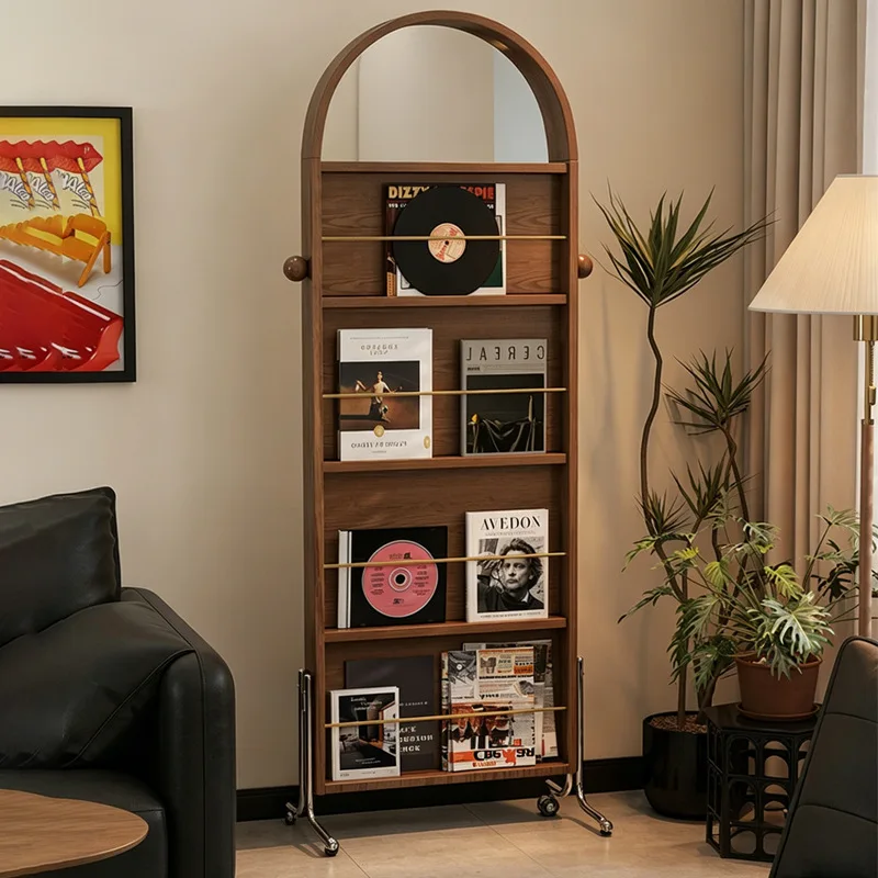 Medieval solid wood movable full-body mirror household rack magazine rack simple retro floor rotating full-length