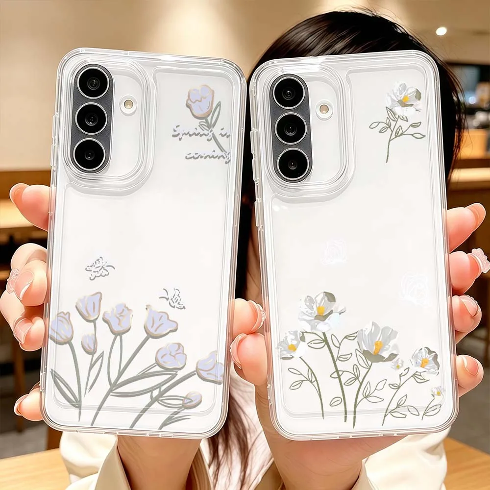 Cartoon White Flower Bouquet Phone Case For Samsung Galaxy A71 A57 A56 A55 A54 A53 A51 A17 A16 A07 A06 A05 Transparent Cover