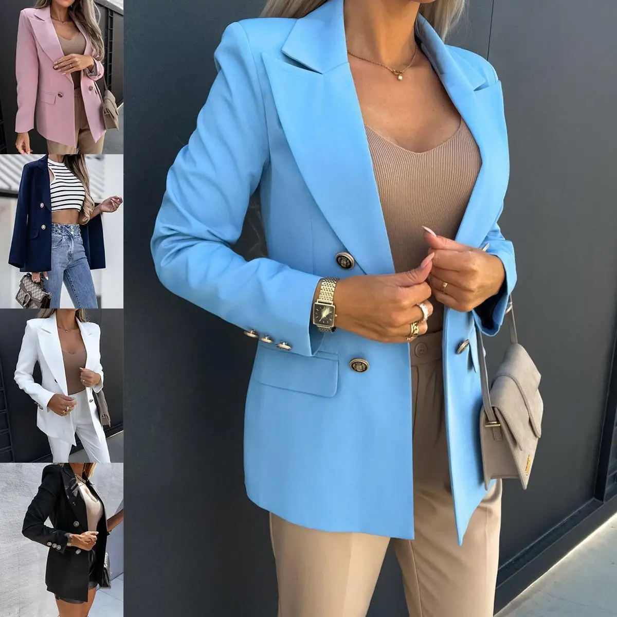 

Модный приталенный женский двубортный пиджак с длинными рукавами, однотонный, деловой, новинка, для трансграничной торговли